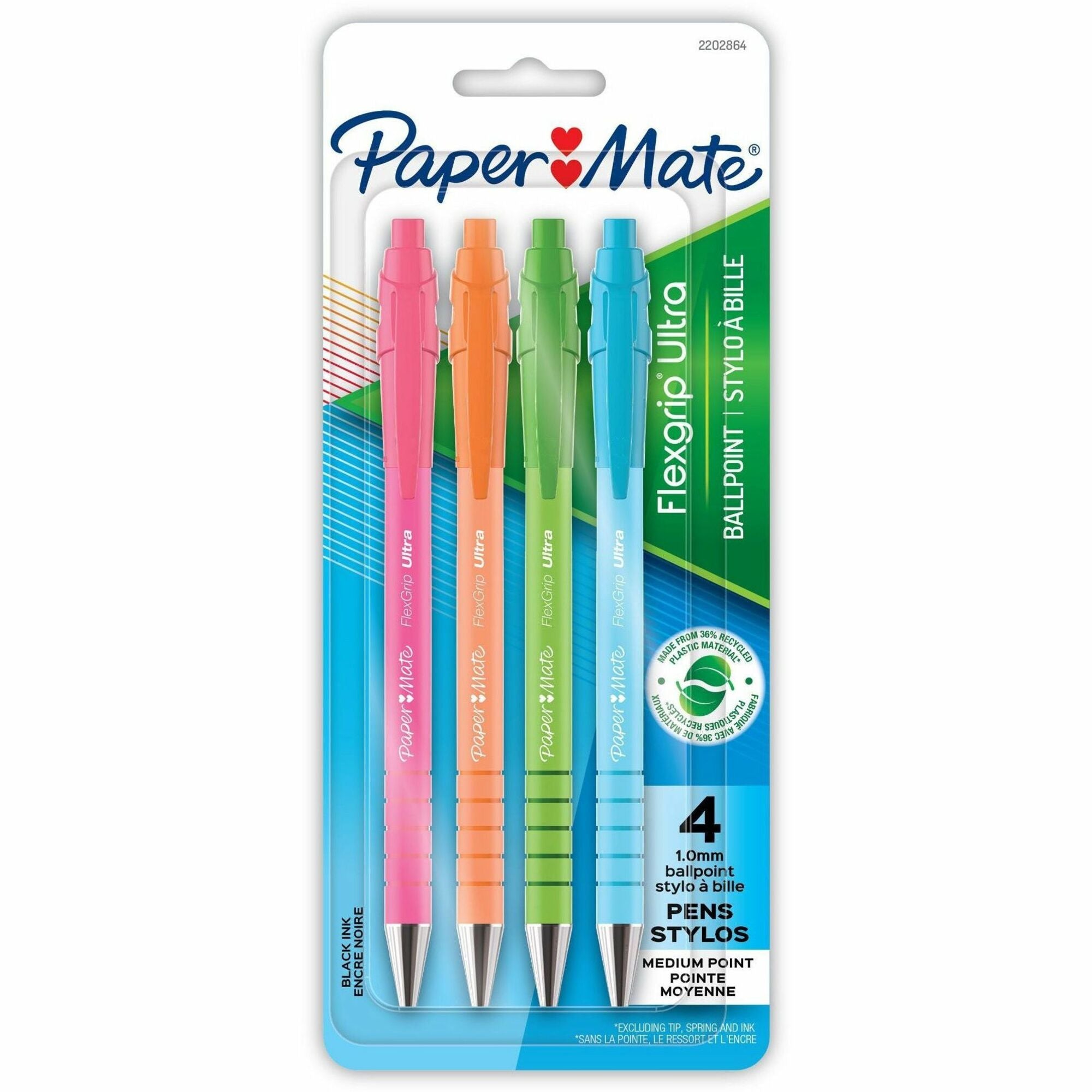 paper-mate-flexgrip-ultra-recycled-pens-1-mm-medium-pen-point-retractable-black-ink-green-rubberized-pink-orange-blue-assorted-barrel-4-pack-pap2202864_1